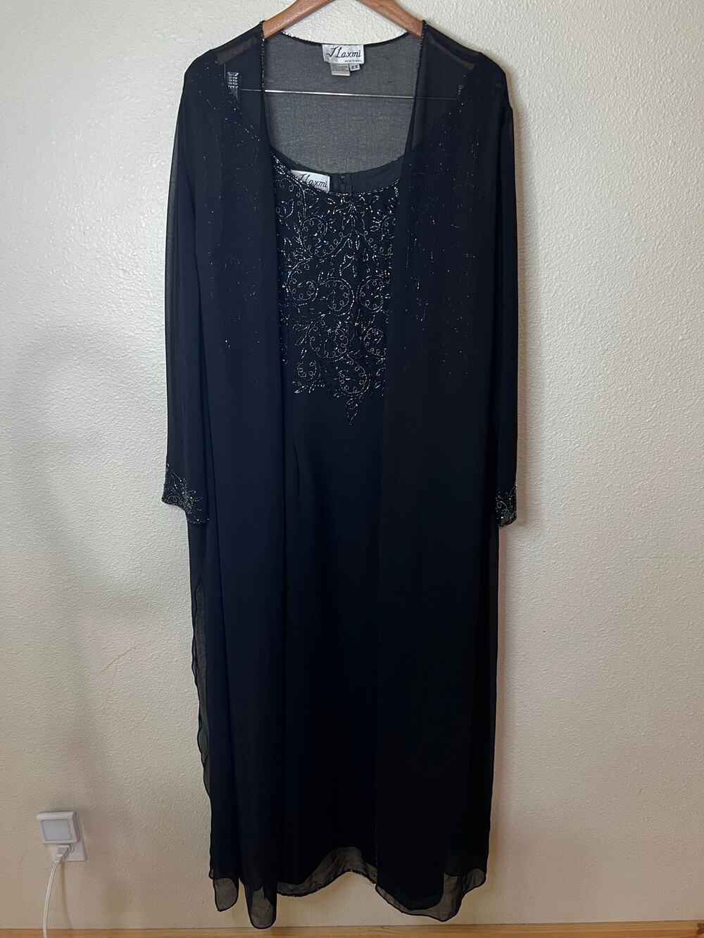 J. Laxmi black fully beaded bodice shift dress & sheer chiffon jacket PLUS 2X